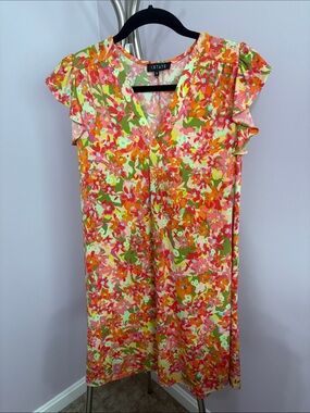 1 STATE Floral V-Neck Ruffle Sleeve Midi Dress in Pink, Orange, Green, Cream